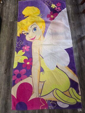 Disney Tinker Bell Beach Towel 30 x 60 Cotton Kids Bath Towel Floral Purple